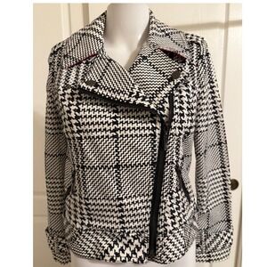 White House Black Market Houndstooth Biker Jacket Red Trim Moto Style Size 6P